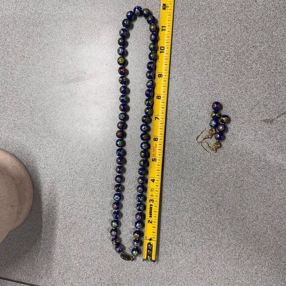 Vintage Chinese Export Cloisonne Necklace Earrings Cobalt Blue Knotted Beads Set - Picture 5 of 5